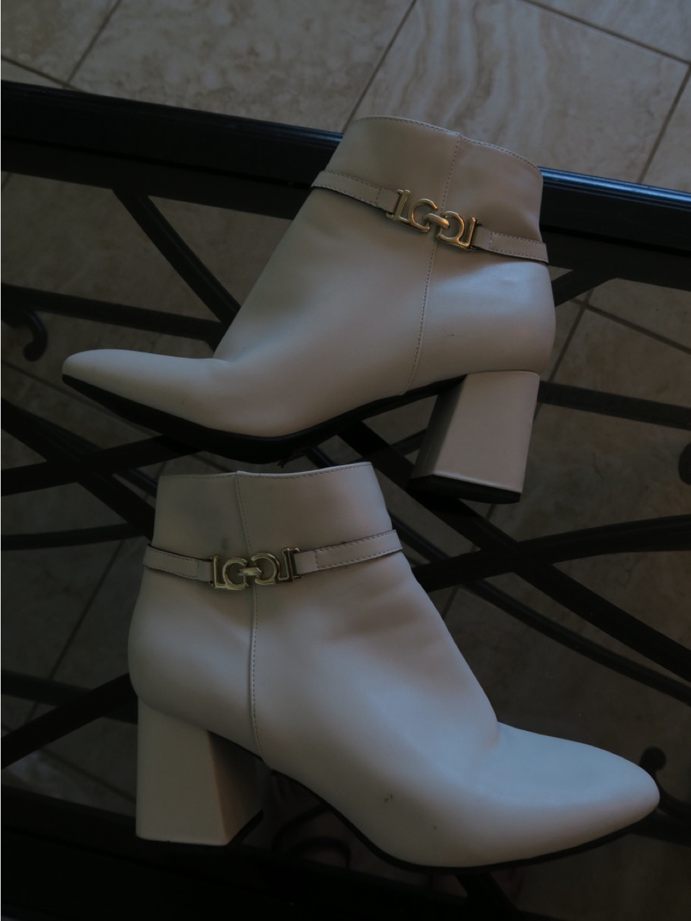 Liz Claiborne Cream Ankle Booties with Gold Buckle